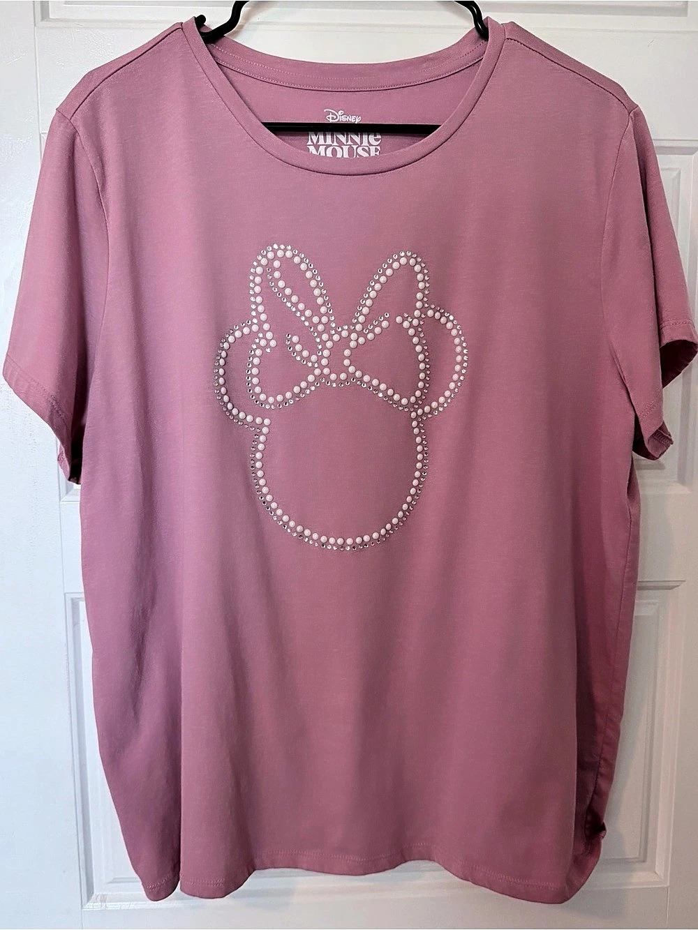 Disney Minnie Mouse Pearl and Rhinestone Bow Pink Tee XL NWOT